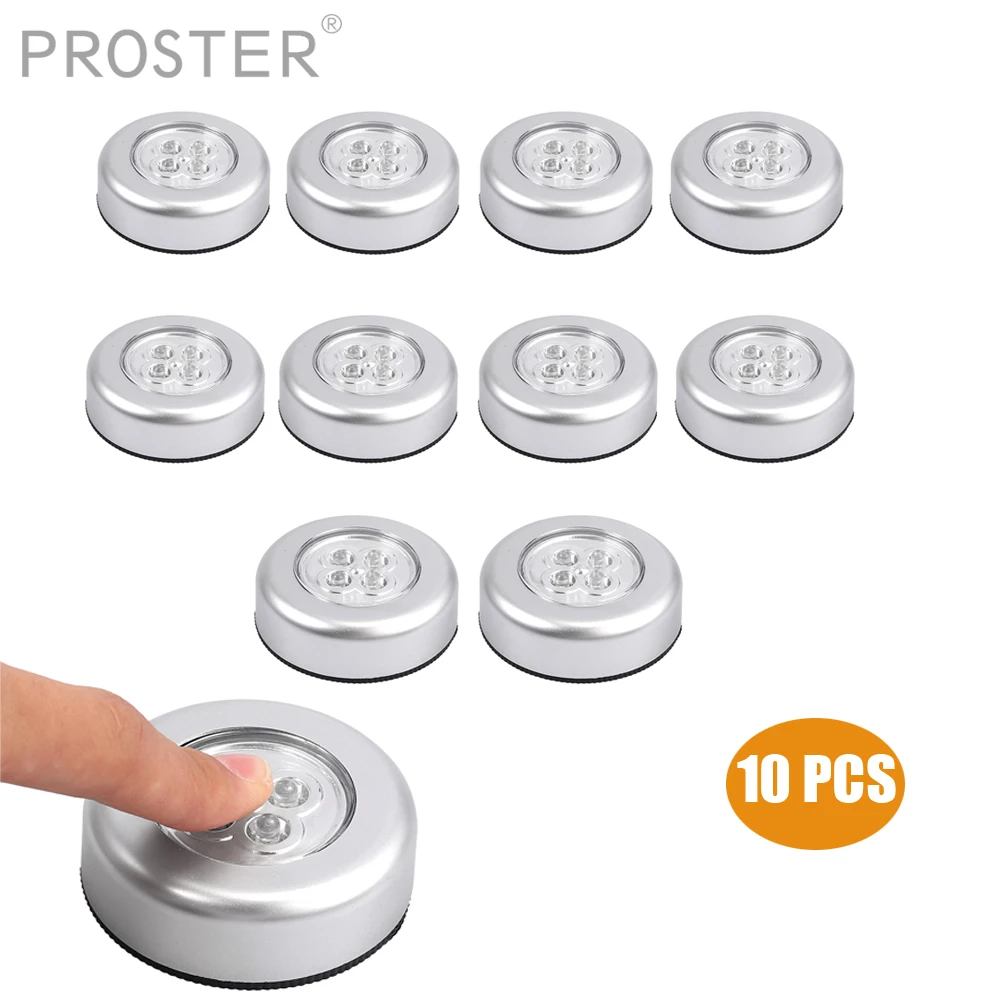 Proster 10 PCS 4 LED Touch Push Button Light Self-Stick ECO Long Battery Life Down Spot Lights super bright white light |