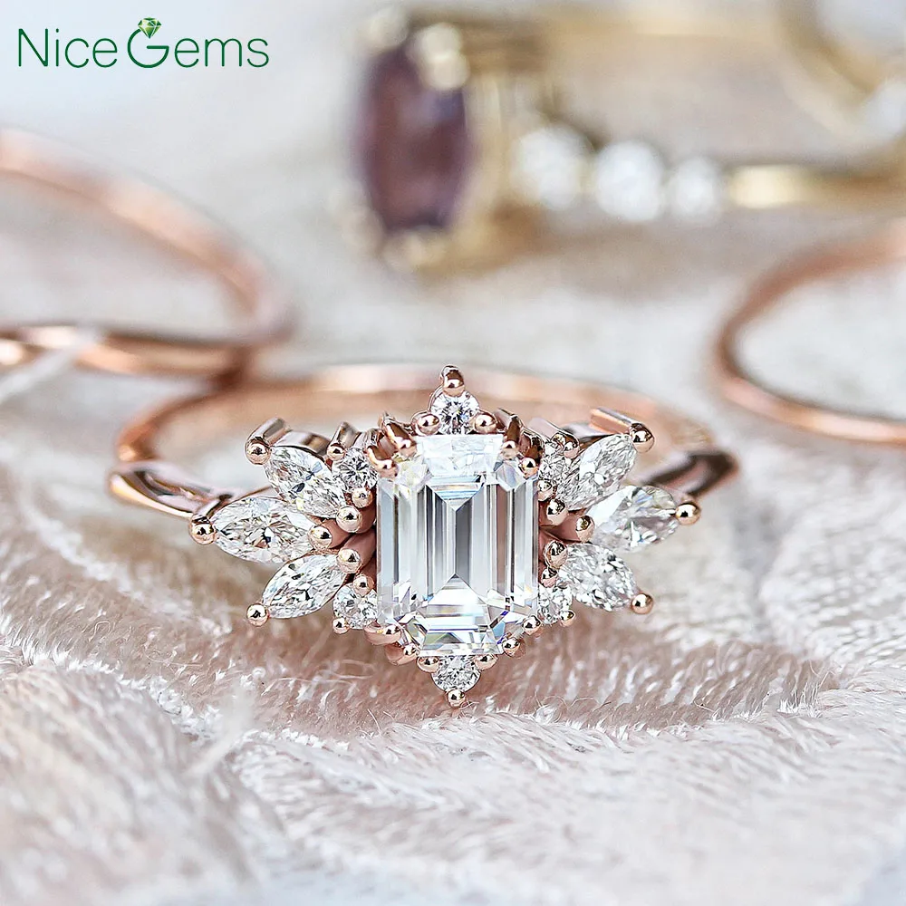 Niceems Твердое 14K розовое золото в центре 7x5 мм изумруд огранка моиссанит