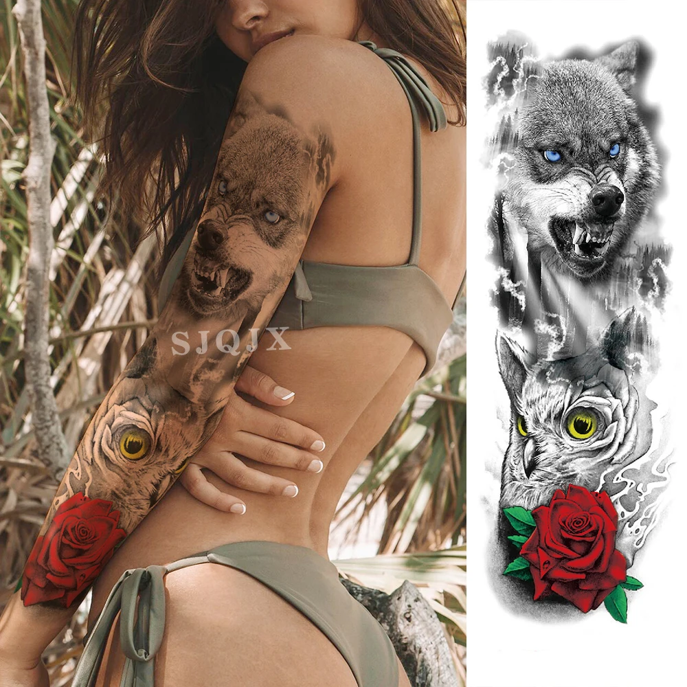 

Body art tattoo stickers Wolf Ink color sticker tattoo for Hands full arms full back Large tattoos Wolf animal waterproof tattoo