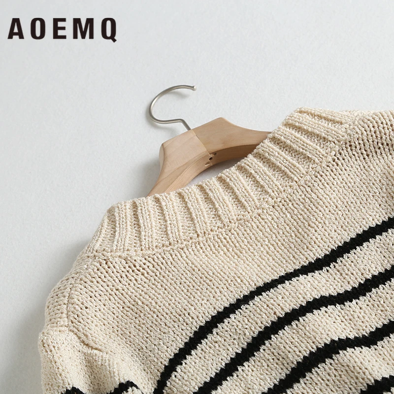 AOEMQ Thick Warm Sweaters Winter Christmas V-Neck Pullovers Hand Made Black Striped Print Women Clothing |