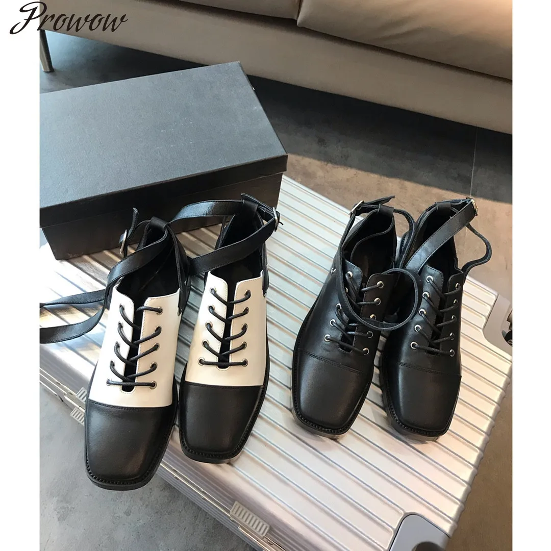 

Prowow Women Flat Shoes Hollow Patchwork Buckle Strap Shoes Gesigner Ankle Strap Platform Punk Genuine Leather