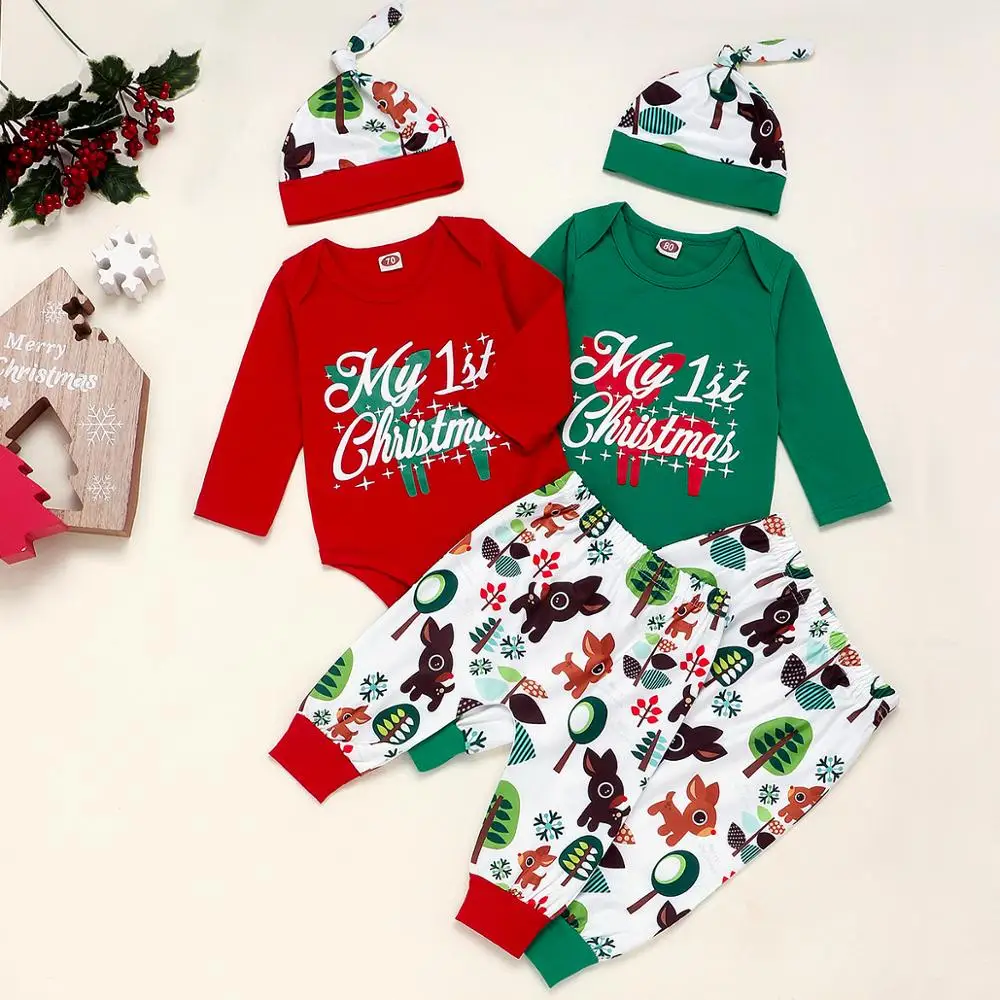 

0-2T Newborn Infants Two-Color Christmas Fawn Printed Long Sleeve Cotton Three-Piece With Santa Hat Baby Boys Girls Romper