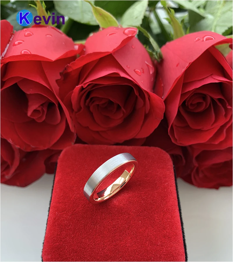 Женские обручальные кольца вольфрамовые розовое золото плоская лента 4 мм и