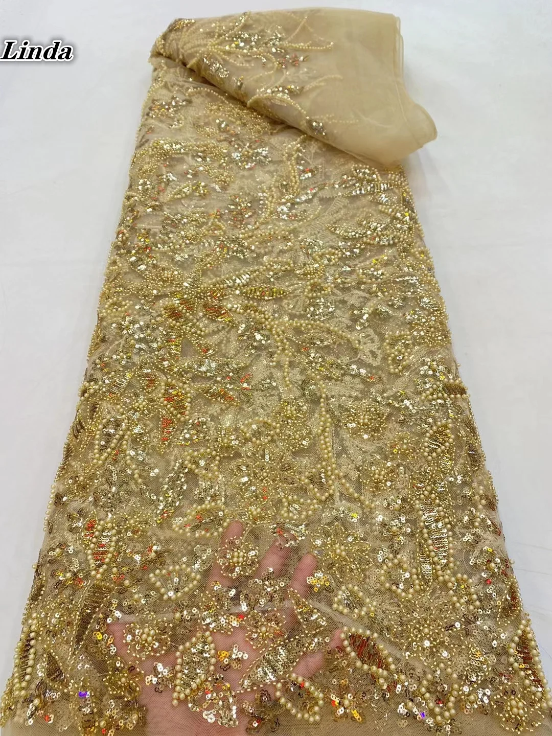 

French sequins lace fabric 2021 high quality african Yellow with sequins embroidered laces nigerian beads mesh fabrics 5 yards