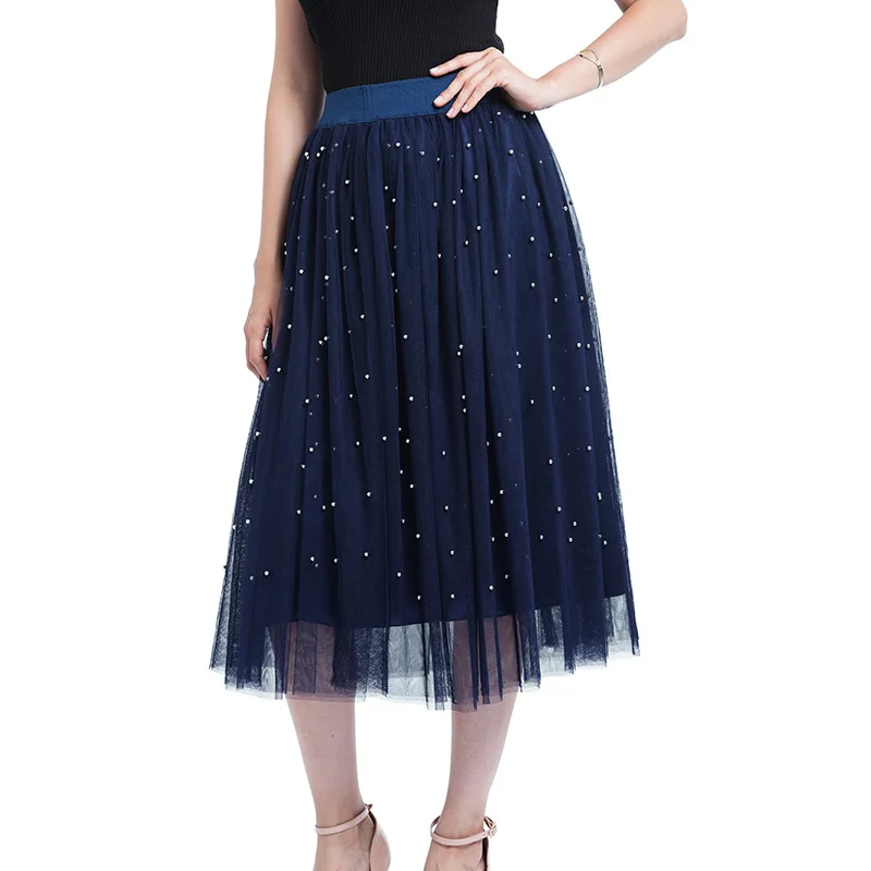 navy blue 3-слойная фатиновая Бисер Для женщин юбки кепки с сеточкой на весну, Тюлевая юбка с бисером платье-пачка с эластичной резинкой на талии, юбка в складку - Цвет: navy blue