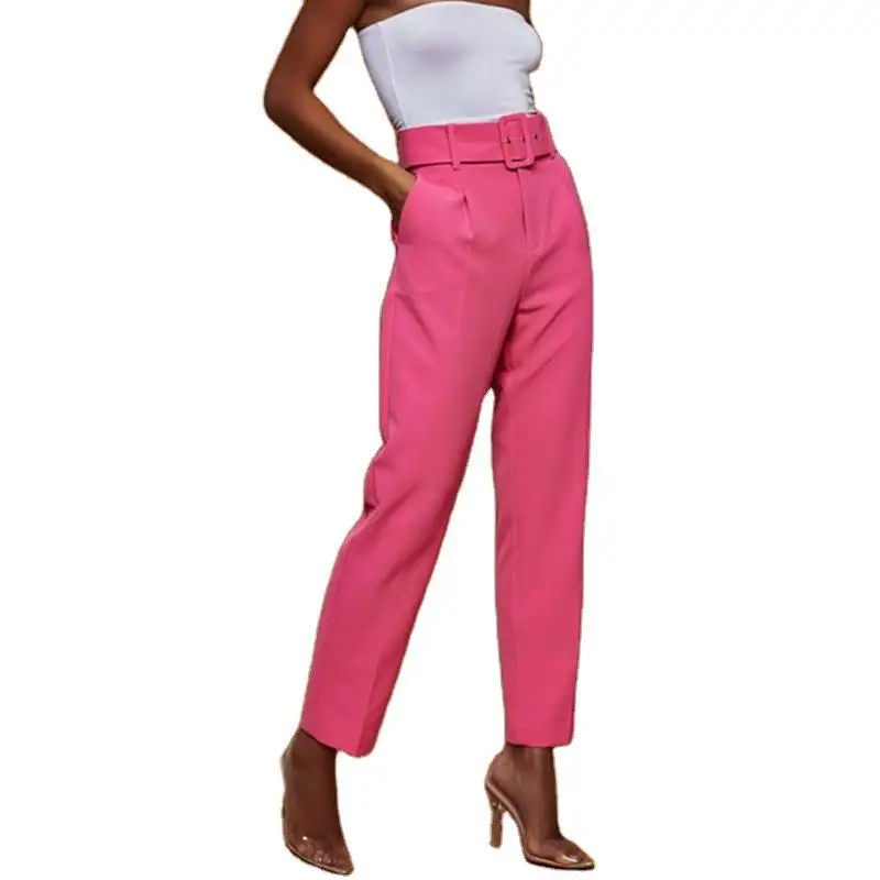 

2021 new women's casual pants high waist solid color Capris straight trousers with belt