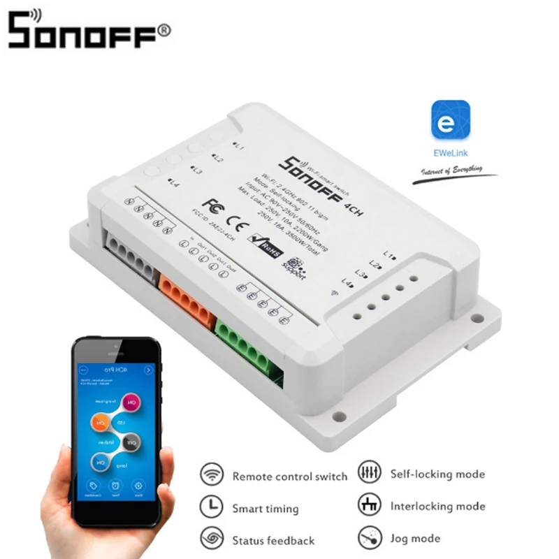 Интеллектуальный выключатель света Sonoff 4CH ITEAD 4 канальный WiFI переключатель c