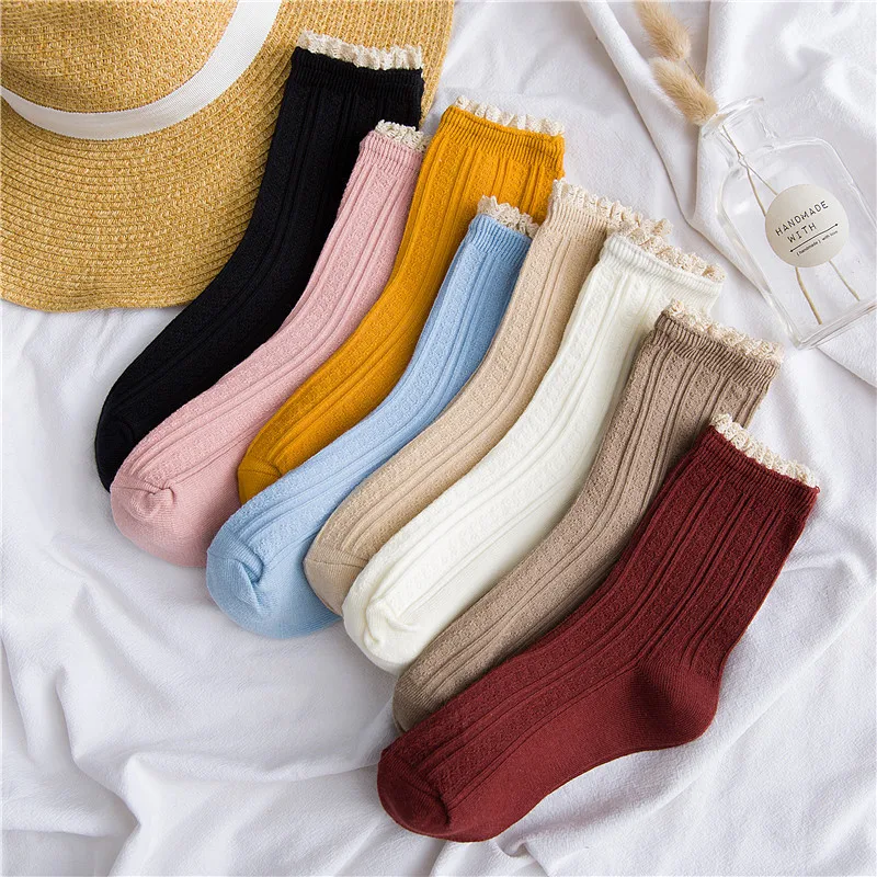 

Women Socks Autumn New Fashion Lace Socks Cotton Solid Color Cute Women Fashion Lady Long Socks Color Sweet Girl High Quality