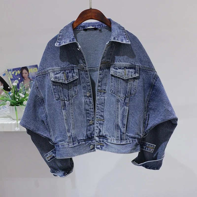

Autumn 2021 Korean Style Batwing Sleeve Short Jean Jacket Womens Loose Long Sleeves Fashion Denim Jacket For Women Tops