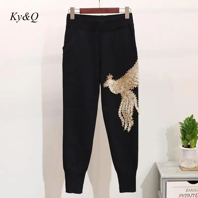 Runway Brand 2019 Women Sequined Beaded Phoenix O-neck Fashion Streetwear Sweater Pullover 2 Pieces Winter Christmas Luxury Chic | Женская