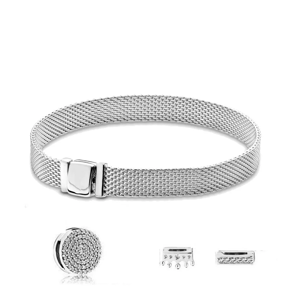 

Fashion 925 Sterling Silver Original Reflexions Gold Crown Crystal Bracelet Bangles Set For Women Charm Bead Jewelry Party Gift