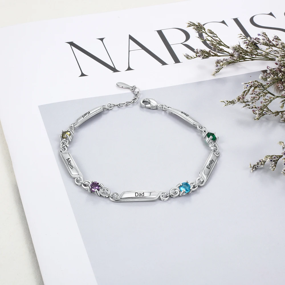 Браслет с выгравированным именем и 4 камнями по месяцу рождения|Индивидуальные