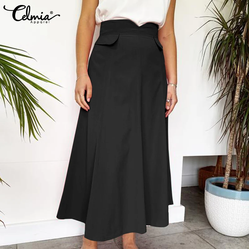 

Осенняя юбка Celmia 2021 с высокой талией, женская модная юбка А-силуэта, Повседневная Свободная юбка с имитацией карманов, Однотонная юбка для в...