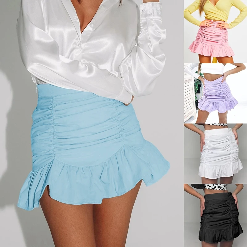 

Summer Pure Color Pleated Ruffled Zipper Skirt High Waist Bag Hip Fishtail Skirt A-Line Skirt