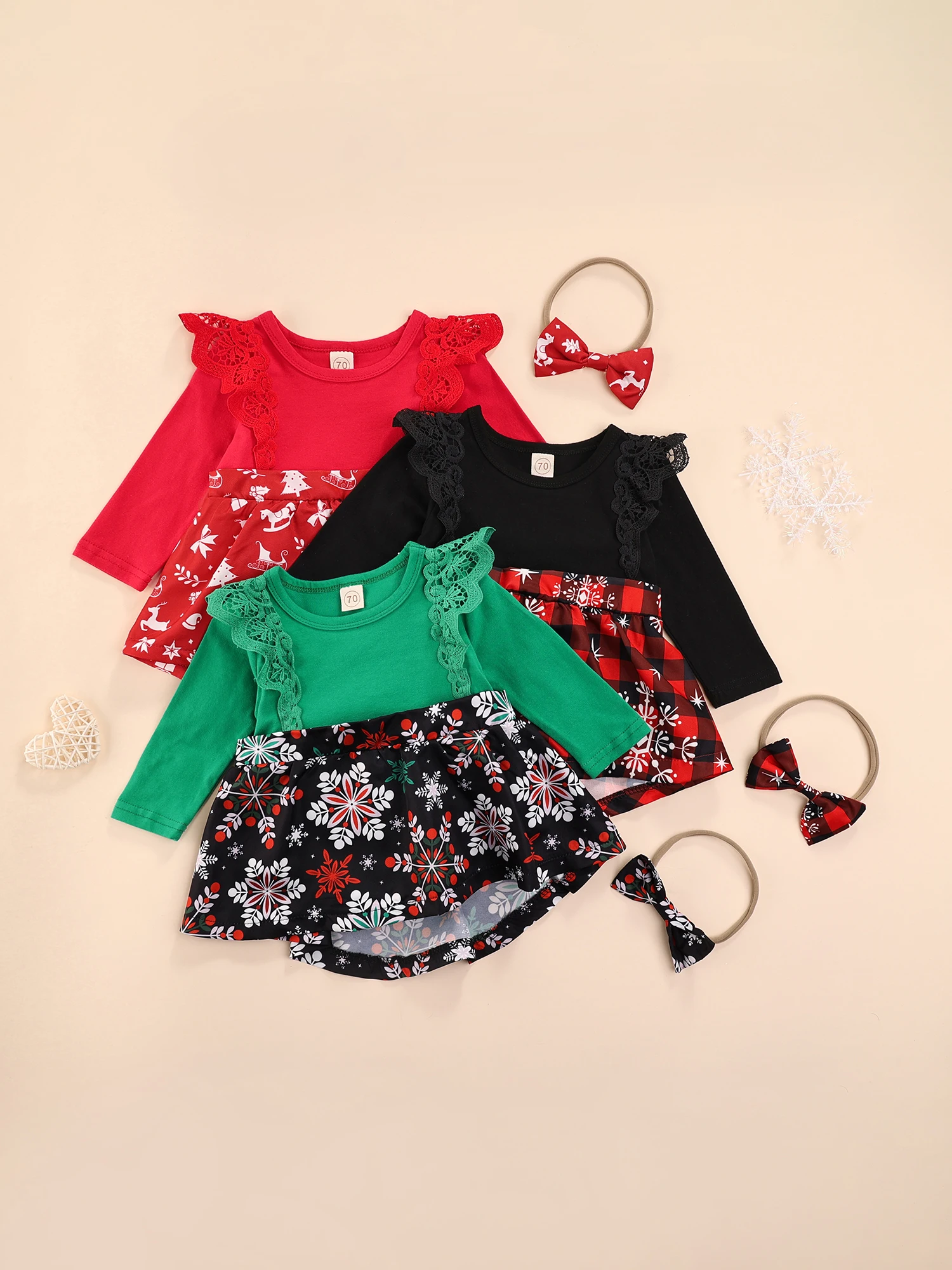 

0-18 Months Baby Girls Christmas Romper with Bow Knot Headdress, Round Collar Long Sleeve Jumpsuit, Green/ Red/ Black