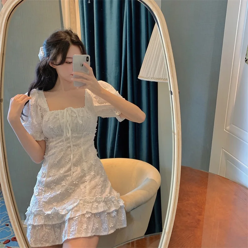 

Women'S French White Flower Design Square Collar Puff Sleeve Kawaii Dress Y2k Summer Korean New White Dresses For Women 2021