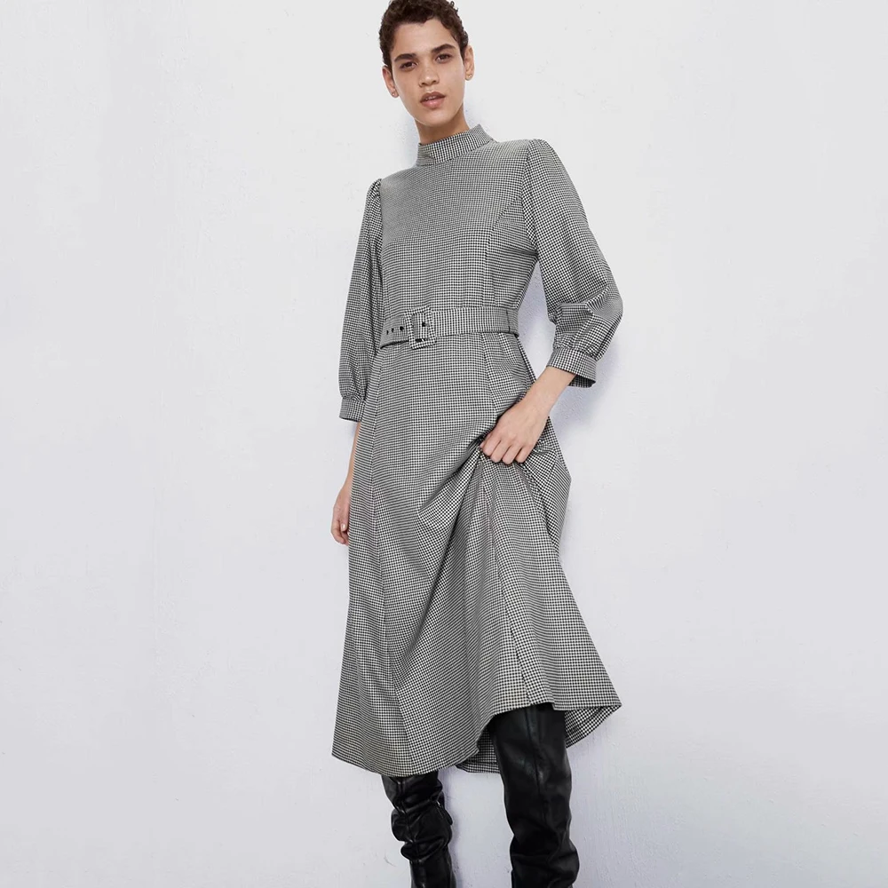 2019 ZA клетчатое длинное платье для женщин воротник стойка пушистый рукав пояс