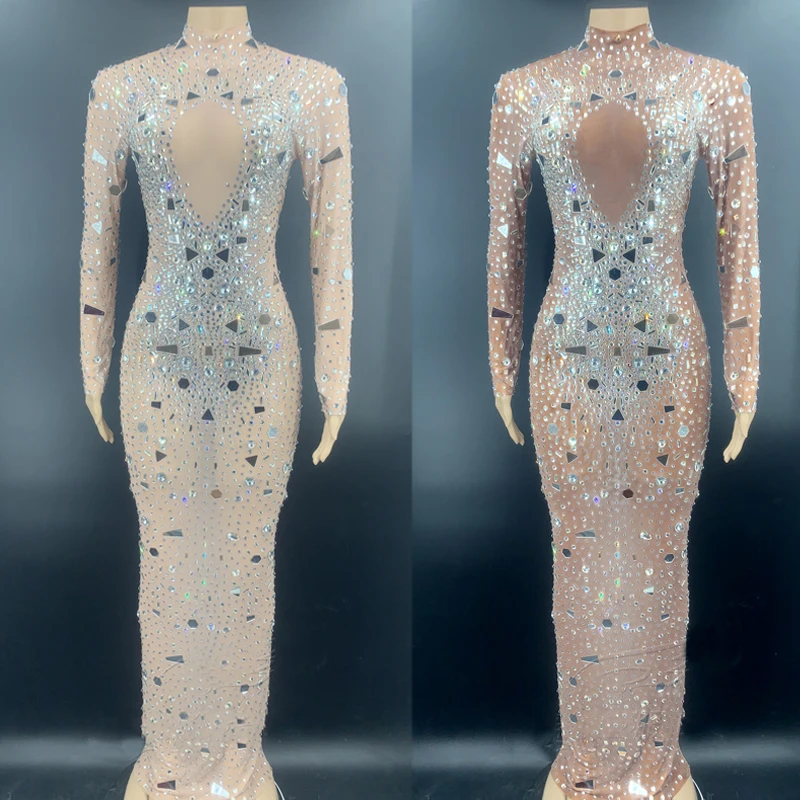 

Блестящее серебряное прозрачное длинное платье стразы, вечерний костюм для празднования дня рождения, женские танцевальные платья для вып...