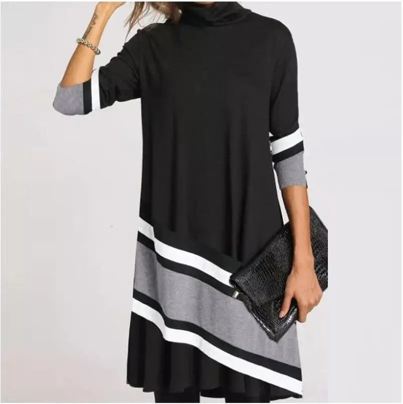 

2021 Winter Turtleneck Warm Vintage Print Dress Women Autumn Elegant Long Sleeves Patchwork Dresses Female Casual Loose Vestidos