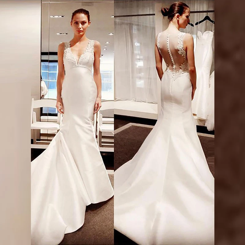 

Modern Slim Mermaid Lace Sleeveless Bridal Wedding Dresses Plunge V Neckline Illusion Back Wedding Gowns for Bride On Sale
