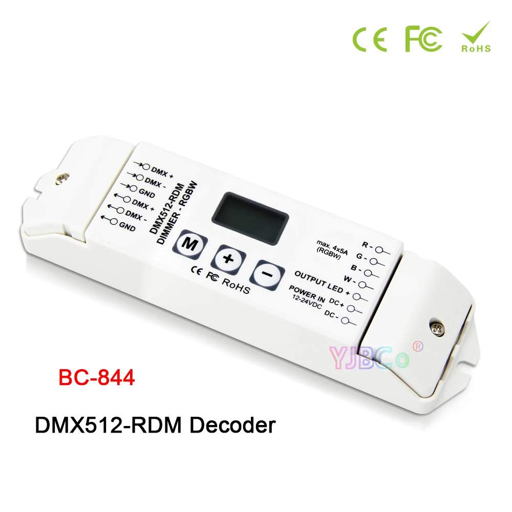 

BC-844 single color/CCT/RGB/RGBW LED Strip Controller 4 channel switch Dimmer 12V-24V Lights Tape DMX512 RDM Decoder OLED screen