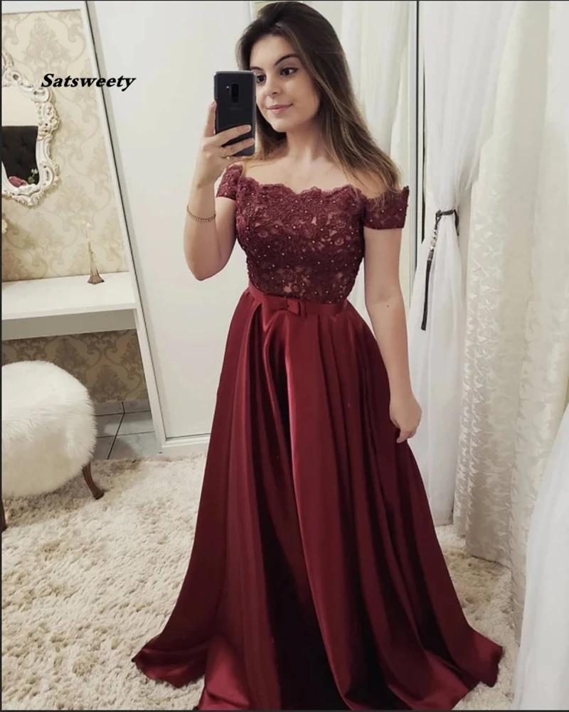 

2021 Off the Shoulder Burgundy Short Sleeves Lace Fancy Prom Dresses Formal Evening Dress
