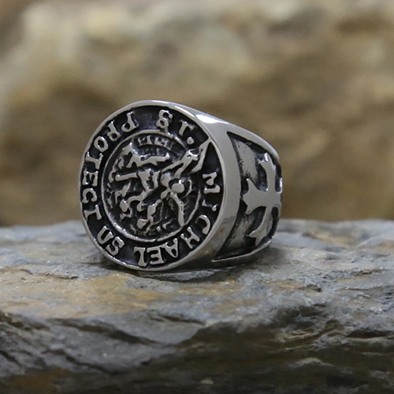 Мужское кольцо из нержавеющей стали с надписью Personality Cross St. Michael Good Lucky Talisman