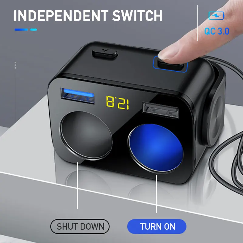 qc 3 0 quick charge car charger dual usb cigarette lighter splitter with voltage led display output 5v3 4a power adapter socket free global shipping