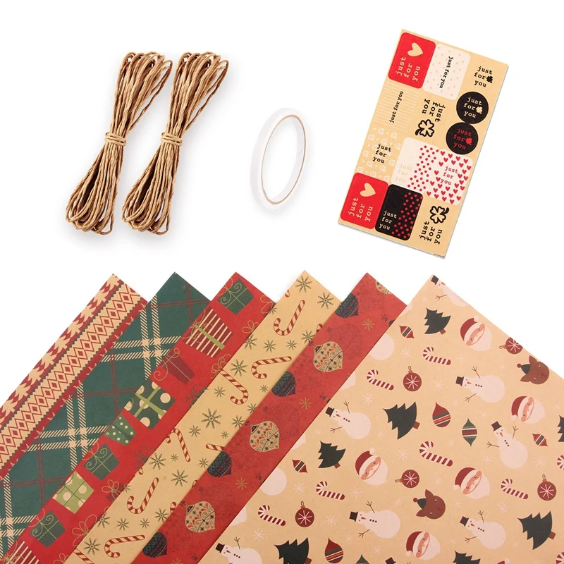 

Christmas Gift Wrapping Paper 6 Pcs,Kraft Paper 70X50CM with 6 Unique Designs,with Jute String and Tags