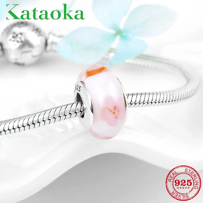 100% Аутентичные Стерлинговое Серебро 925 пробы оранжевые розовые цветы муранские