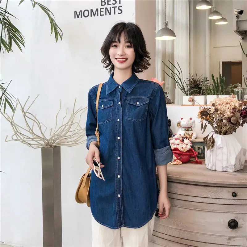 Женская джинсовая рубашка с длинным рукавом весна размера плюс