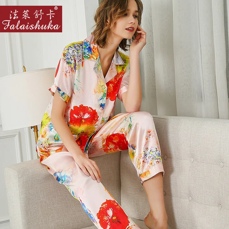 100% Natural Silk Pajama Sets Female Summer Real Silkworm Silk Sleepwear Short Sleeve Printed Women Pyjamas T8239