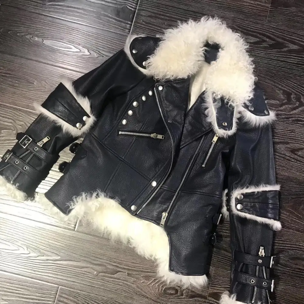 Navy blue Пальто из натурального меха, Женская куртка из натуральной кожи, приталенное пальто из натурального овечьего меха и овчины для девочек, новинка года, модная зимняя одежда для женщин - Цвет: Navy blue