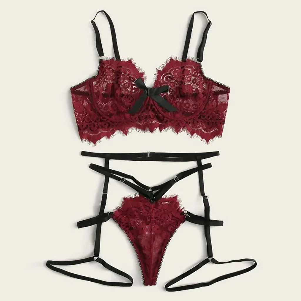 Сексуальное изысканное кружевное нижнее белье бюстгальтер + подвязка трусы
