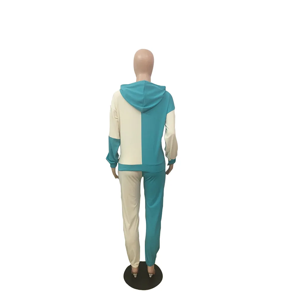 

Women Hoodie 2 Piece Set Patchwork Color Wonen Clothing Matching Sets Hooded Strap Top With Pockets + Pencil Pants Winter Suit