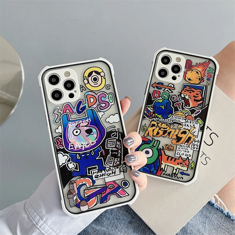 

Art Cool Graffiti Painting Cute Animals Phone Case for Iphone 12 11 Pro XS Max 7 8 Plus X XR SE Shockproof Soft Protection Case