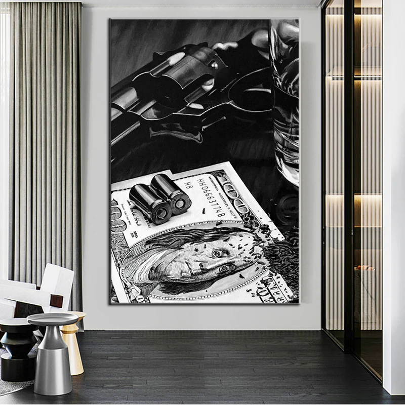 

Стакан виски с деньгами и пистолетом Картина на холсте картина в скандинавском стиле современный настенный плакат принты для гостиной дома...