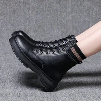 luxury 2021 winter boots womens plus velvet casual knit stitching short boots thick heel strapping motorcycle boots for women