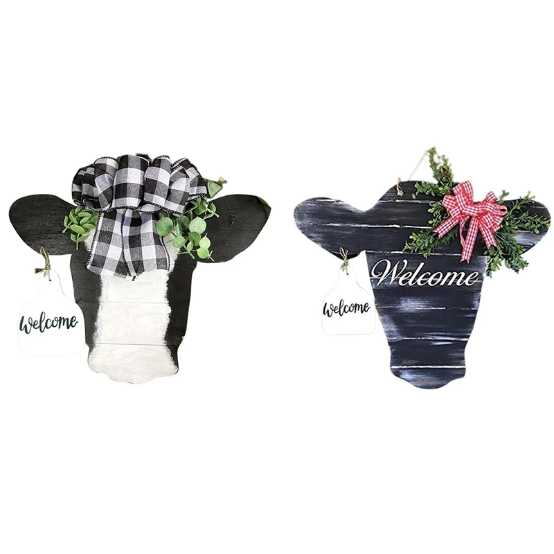 

2 Pcs Cow Head Welcome Sign Acrylic Animal Head Door Hanger Sign For Front Door Porch Wall Decor, Black-White & Black