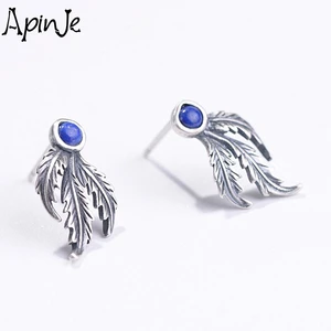 Apinje Vintage 925 Sterling Silver Stud Leaf Earring for Women Stone Earrings Girl Trendy Jewelry