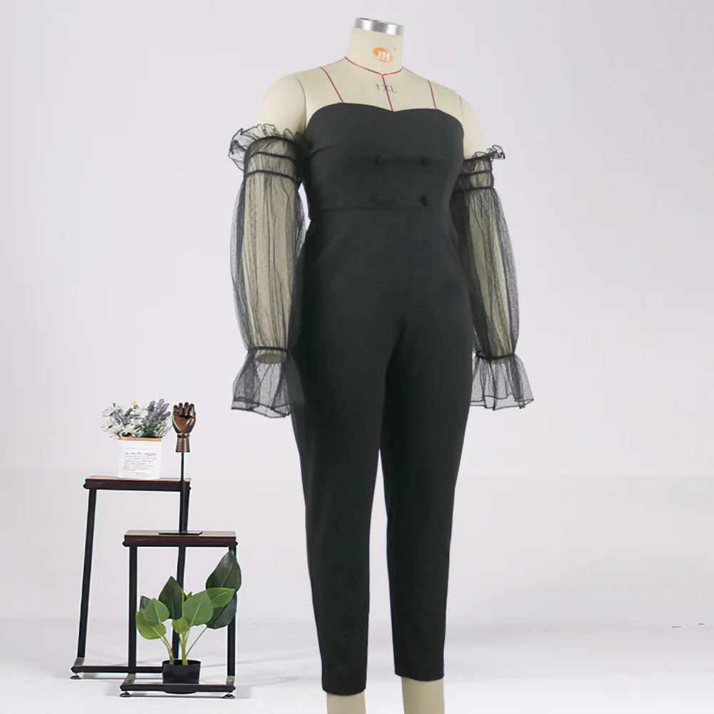 

Chic Women Plus Size Strapless Jumpsuits Charming Sexy Mesh Patchwork Full Sleeve High Waist Straight Rompers 2021 Summer
