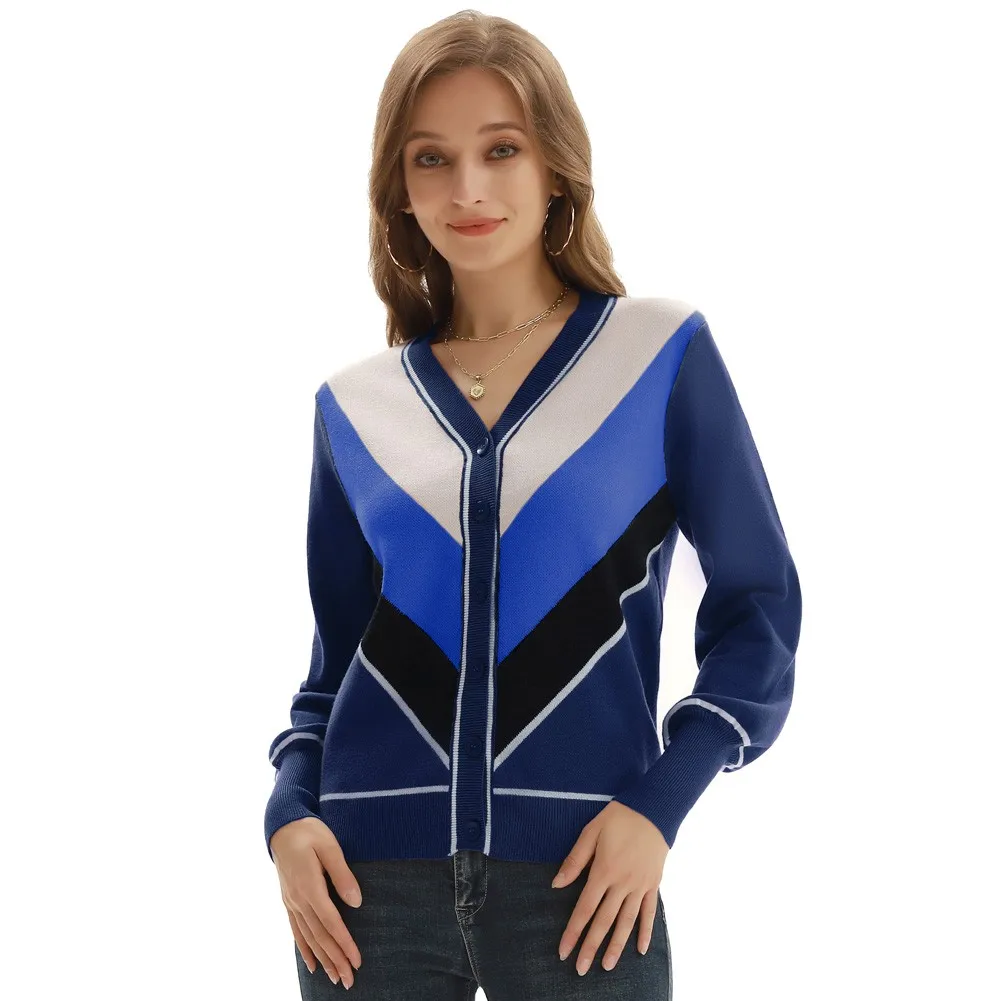 

KK Women Contrast Color Cardigan Sweater Long Lantern Sleeve V-Neck Knitwear Lantern Long Sleeve V-Neck Cardigan Sweater