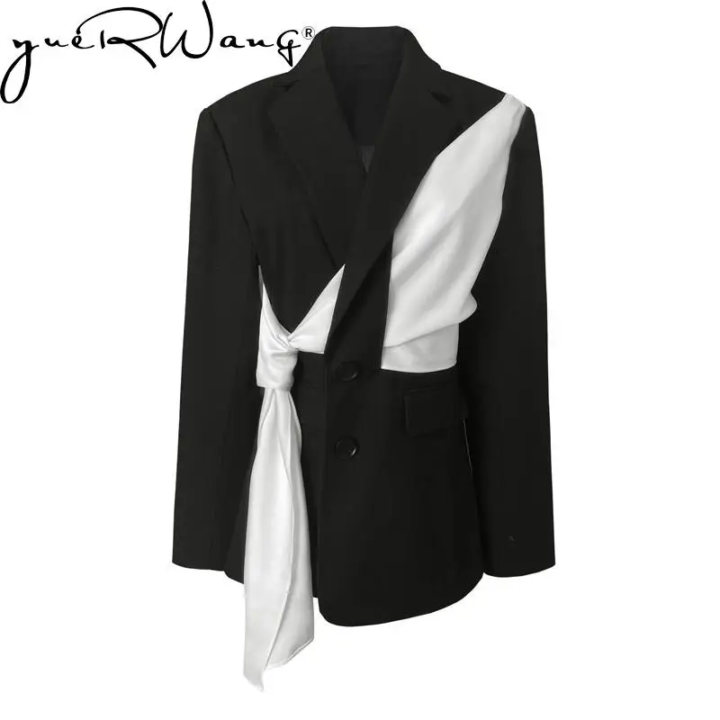 

YUERWANG Женский блейзер с завязками лоскутное шерстяное асимметричное женское пальто с длинным рукавом Свободная Повседневная Женская куртк...