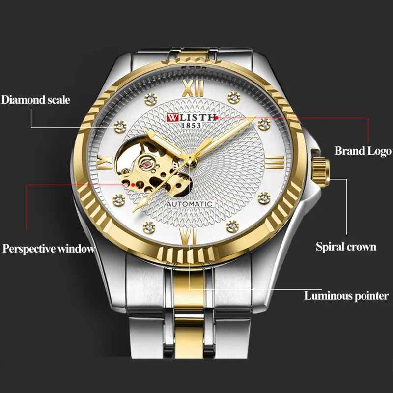 WLISTH Automatic Mechanical Watch Men Brand Luxury Gold Skeleton Watches Stainless Steel Waterproof Wristwatch Reloj Hombre | Наручные