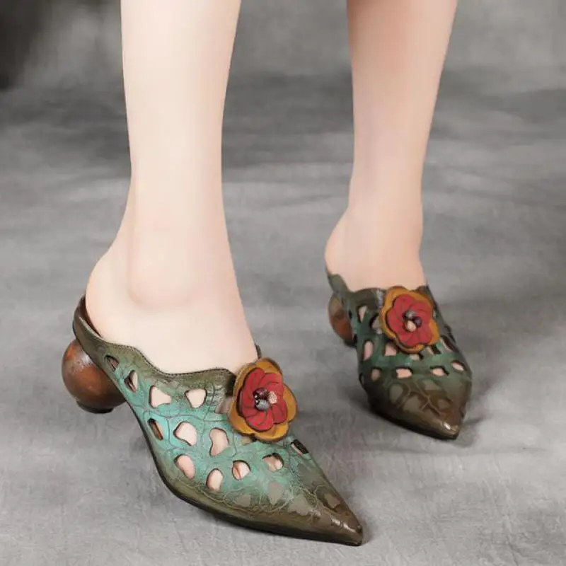 

YourSeason Genuine Leather Retro Ladies Summer Floral Shoes 2021 Outside Slides Women Hollow Sewing Handmade Slippers