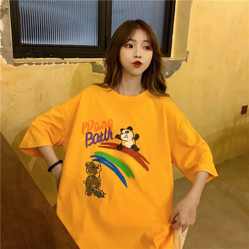 

Hand-painted Rainbow Print T-shirt Women Tees Casual Loose Short-sleeved O-neck Tops Female Summer Black Harajuku Tshirt Girl