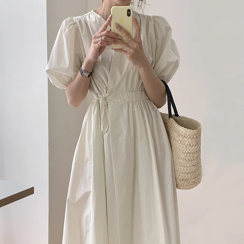 Sexy Korean Chic French V-neck Cross Tie Waist Slim One Piece Bubble Sleeve Dress Women | Женская одежда
