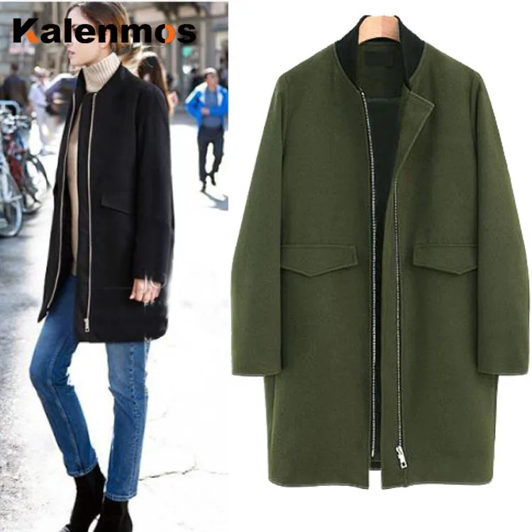 Зимнее длинное женское пальто размера плюс с карманами на молнии однотонное
