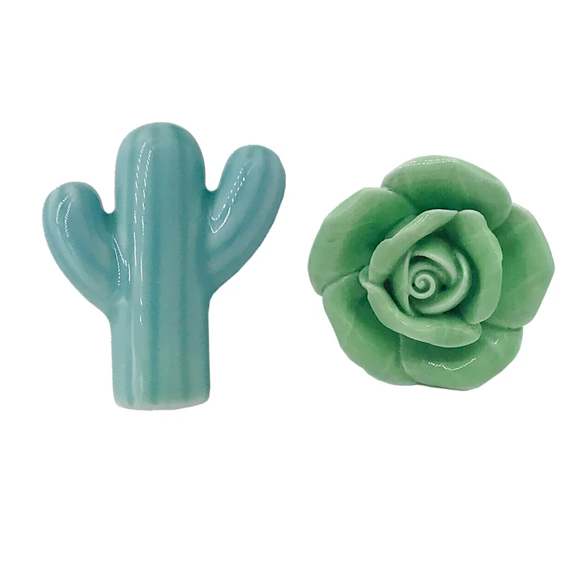 Зеленый Розовый кактус Керамика ручки шкафа/Кухня ручка ящика шкафа мебельные