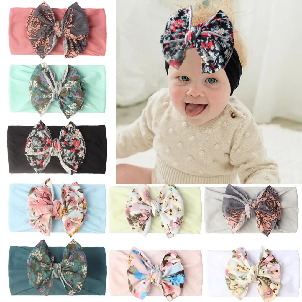 

New Fashion 9 Colors Toddler Headwear Tie Dye Bow and Plain Nylon Headdress Elastic 0-3Y Baby Girl Headbands Turbans